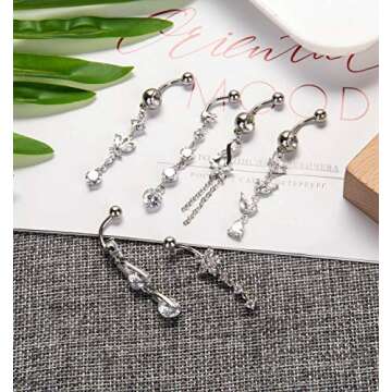 YOVORO Stylish 6PCS 14G Stainless Steel Belly Button Rings with CZ for Women