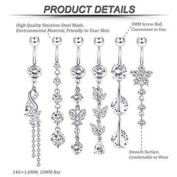 Trendy YOVORO 6PCS Stainless Steel Belly Button Rings