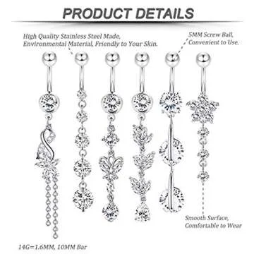 Trendy YOVORO 6PCS Stainless Steel Belly Button Rings