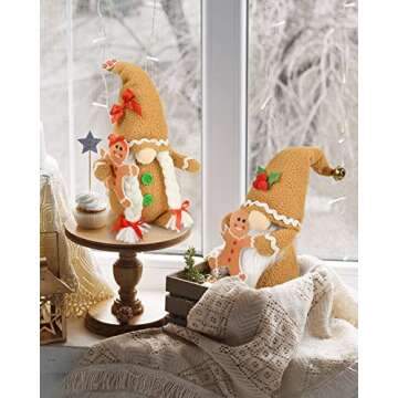 D-FantiX Christmas Gingerbread Man Gnomes Plush Doll Sets, 2Pcs Handmade Stuffed Scandinavian Gnome Decorations Kits, Nordic Swedish Tomte Gnome Collectible Figurines Ornament, Tiered Tray Decor