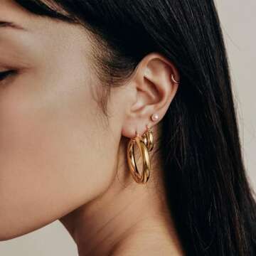 14k Gold Plated Thick Gold Hoop Earrings Lightweight Hollow Tube Earings for Women Hypoallergenic Ch...