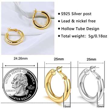 14k Gold Plated Thick Gold Hoop Earrings Lightweight Hollow Tube Earings for Women Hypoallergenic Chunky Gold Hoop Earrings 25mm