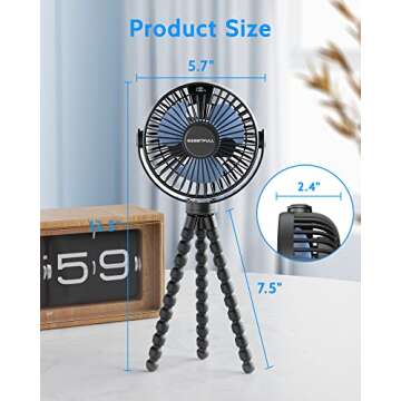 SWEETFULL Portable Stroller Fan, with Display 4000mAh Battery Powered Mini Clip On Fan, 4-Speed Rechargeable Small Personal Fan Handheld Desk Cooling Fan for Baby Car Seat Crib Travel Black