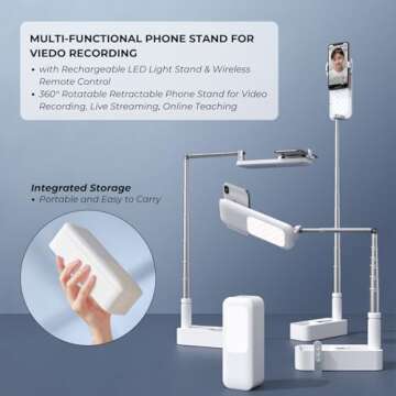 beyonday Foldable Phone Holder for Recording, Selfie Stand with Rechargeable LED Light&Wireless Remo...