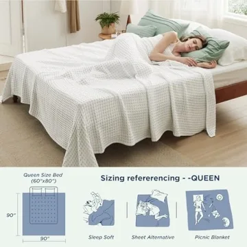Bedsure Cooling Cotton Waffle Queen Size Blanket - Lightweight Breathable Blanket of Rayon Derived from Bamboo for Hot Sleepers, Luxury Throws for Bed, Couch and Sofa, Ivory, 90x90 Inches