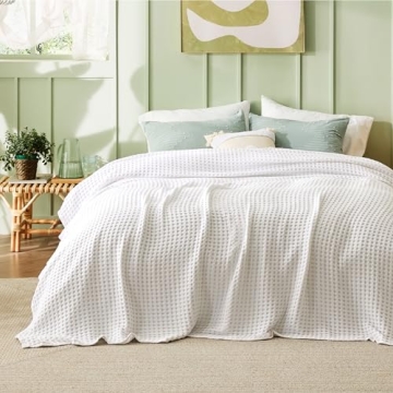 Bedsure Cooling Cotton Waffle Queen Size Blanket - Lightweight Breathable Blanket of Rayon Derived from Bamboo for Hot Sleepers, Luxury Throws for Bed, Couch and Sofa, Ivory, 90x90 Inches