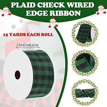 15 Yard Christmas Burlap Ribbon Buffalo Plaid Wired Edge Ribbon for Gift Wrapping Crafts Tree Decora...