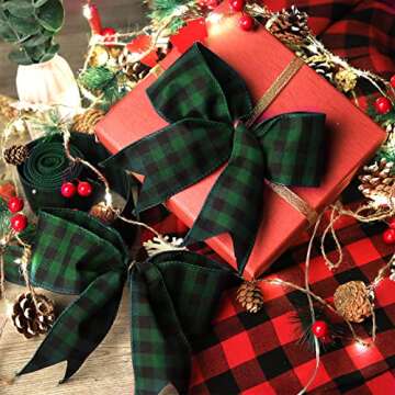 15 Yard Christmas Burlap Ribbon Buffalo Plaid Wired Edge Ribbon for Gift Wrapping Crafts Tree Decoration (Black Green, 2.5 Inch Wide)