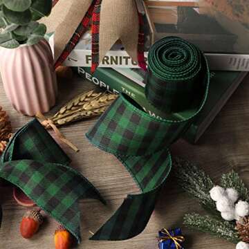 15 Yard Christmas Burlap Ribbon Buffalo Plaid Wired Edge Ribbon for Gift Wrapping Crafts Tree Decoration (Black Green, 2.5 Inch Wide)