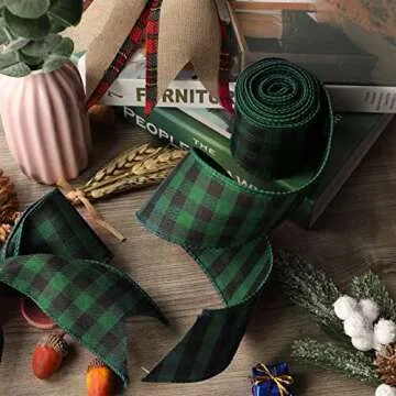 15 Yard Christmas Burlap Ribbon Buffalo Plaid Wired Edge Ribbon for Gift Wrapping Crafts Tree Decoration (Black Green, 2.5 Inch Wide)