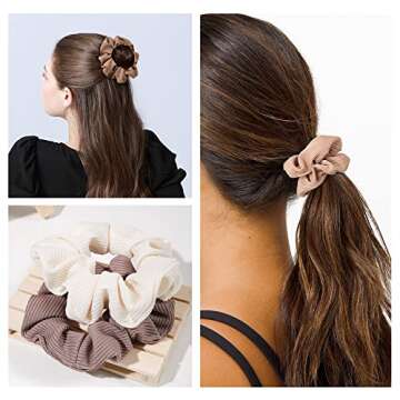 Ivyu Scrunchie, Big Cotton Scrunchies for Women's and Girls, Brown Service, 4 Count, for All Hair Types, No Crease or Damage
