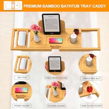 Premium Bamboo Bathtub Tray Caddy - Expandable, Fits Most Bathtubs