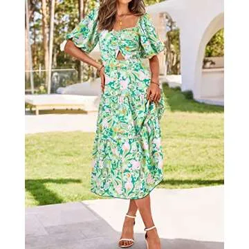 BTFBM Women Summer Dresses 2025 Casual Flowy Beach Square Neck Puff Short Sleeve Smocked Back Boho F...