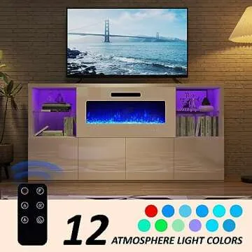 AMERLIFE 68" Fireplace TV Stand with 40" Fireplace, Modern High Gloss Fireplace Entertainment Center with LED Lights for TVs up to 78", TV Console with Glass Shelves for Living Room, White