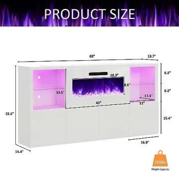 AMERLIFE 68" Fireplace TV Stand with 40" Fireplace, Modern High Gloss Fireplace Entertainment Center with LED Lights for TVs up to 78", TV Console with Glass Shelves for Living Room, White