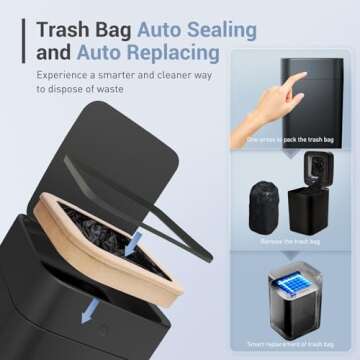 TOWNEW T1S Automatic Trash Can, 4.1 Gallon Rechargeable Touchless Motion Sensor Trash Can, Self-Sealing and Self-Changing Smart Garbage Can with Lid for Kitchen Bathroom Bedroom Office (Black)