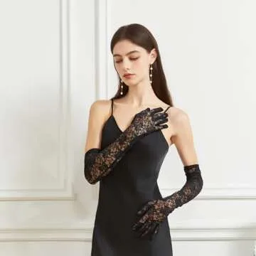 BRYCTSISEN Womens Long Black Lace Gloves Long Floral Lace Opera Gloves Costume Elbow Length Fingerle...
