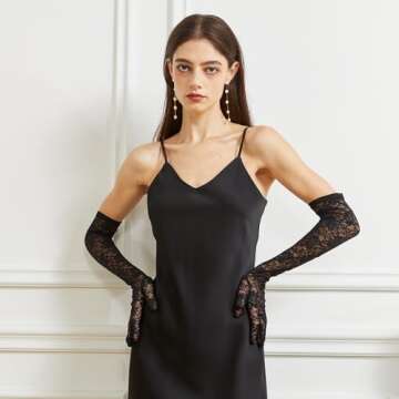 BRYCTSISEN Womens Long Black Lace Gloves Long Floral Lace Opera Gloves Costume Elbow Length Fingerless Gloves for Dance Party (Black, Standard)