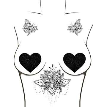 Neva Nude Black Malice Glitter I Heart U Nipztix Pasties Nipple Covers for Festivals, Raves, Parties, Lingerie and More, Medical Grade Adhesive, Waterproof and Sweatproof, Made in USA