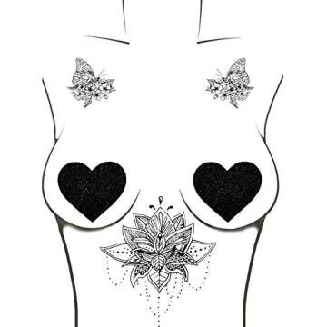 Neva Nude Black Malice Glitter I Heart U Nipztix Pasties Nipple Covers for Festivals, Raves, Parties, Lingerie and More, Medical Grade Adhesive, Waterproof and Sweatproof, Made in USA