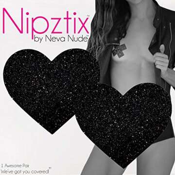Neva Nude Black Malice Glitter I Heart U Nipztix Pasties Nipple Covers for Festivals, Raves, Parties, Lingerie and More, Medical Grade Adhesive, Waterproof and Sweatproof, Made in USA