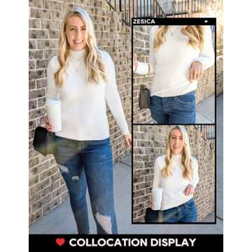 ZESICA Women's Fleece Sherpa Lined Sweater Winter Thermal Shirts Long Sleeve Mock Neck Slim Fitted Pullover Tops,White,Medium