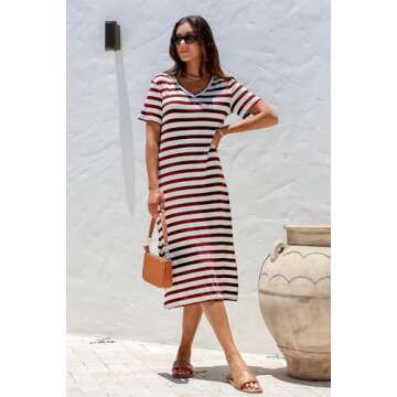 BLENCOT Women's Summer Dresses Casual V Neck Striped Short Sleeve Beach T-shirt Long Split Dress