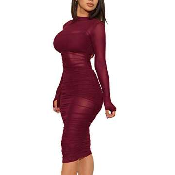 Women's Sexy Mesh See Through Dresses Long Sleeve Midi Bodycon Party Club Dress 3 Piece Outfits with Vest Shorts Red XL