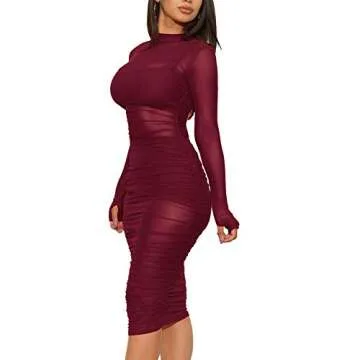 Women's Sexy Mesh See Through Dresses Long Sleeve Midi Bodycon Party Club Dress 3 Piece Outfits with Vest Shorts Red XL