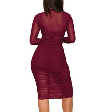 Women's Sexy Mesh See Through Dresses Long Sleeve Midi Bodycon Party Club Dress 3 Piece Outfits with Vest Shorts Red XL
