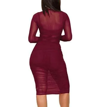 Women's Sexy Mesh See Through Dresses Long Sleeve Midi Bodycon Party Club Dress 3 Piece Outfits with Vest Shorts Red XL