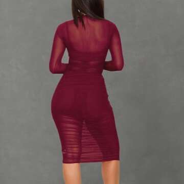 Women's Sexy Mesh See Through Dresses Long Sleeve Midi Bodycon Party Club Dress 3 Piece Outfits with Vest Shorts Red XL