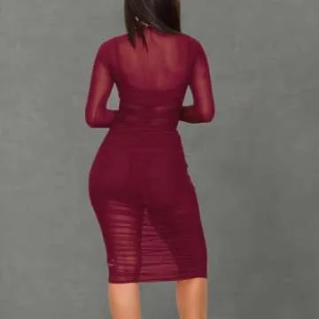 Women's Sexy Mesh See Through Dresses Long Sleeve Midi Bodycon Party Club Dress 3 Piece Outfits with Vest Shorts Red XL