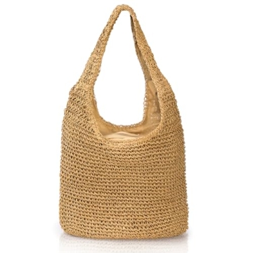 Elsjoy Large Straw Tote Bag for Women, Beach Straw Shoulder Bag Hand-Woven Boho Wicker Bag, Summer R...