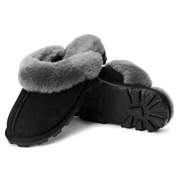 WaySoft Genuine Australian Sheepskin Women Slippers, 100% Shearling Hard Bottom Slippers for Women Indoor and Outdoor Warm Fuzzy Wool Slippers