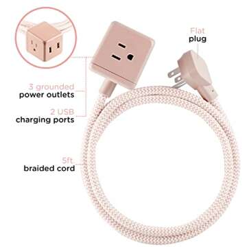 Cordinate 3-Outlet Extension Cord Cube with 2 USB Ports (2.4 AMPS), 5 Ft Braided Cord, Power Strip, ...
