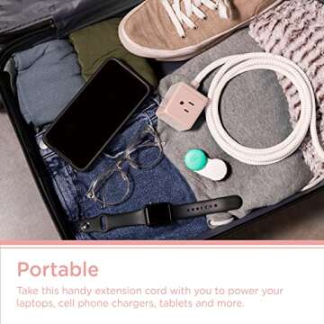 Cordinate 3-Outlet Extension Cord Cube with 2 USB Ports (2.4 AMPS), 5 Ft Braided Cord, Power Strip, Outlet Extender, Space-Saving Flat Plug, Perfect for Home or Office Decor, Blush, 61930