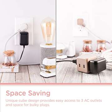 Cordinate 3-Outlet Extension Cord Cube with 2 USB Ports (2.4 AMPS), 5 Ft Braided Cord, Power Strip, Outlet Extender, Space-Saving Flat Plug, Perfect for Home or Office Decor, Blush, 61930