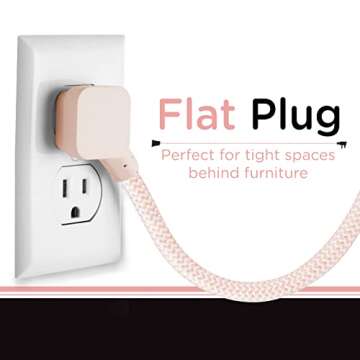 Cordinate 3-Outlet Extension Cord Cube with 2 USB Ports (2.4 AMPS), 5 Ft Braided Cord, Power Strip, Outlet Extender, Space-Saving Flat Plug, Perfect for Home or Office Decor, Blush, 61930