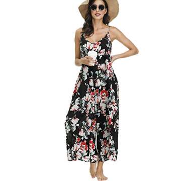 BUENOS NINOS Women's V Neck Floral Maxi Dress Boho Printed Adjustable Spaghetti Strap Ethnic Beach Long Dress with Pockets