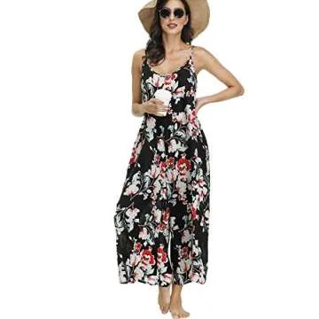 BUENOS NINOS Women's V Neck Floral Maxi Dress Boho Printed Adjustable Spaghetti Strap Ethnic Beach Long Dress with Pockets