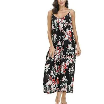 BUENOS NINOS Women's V Neck Floral Maxi Dress Boho Printed Adjustable Spaghetti Strap Ethnic Beach Long Dress with Pockets