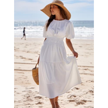AlvaQ White Puff Sleeve Dress for Women - Summer 2024