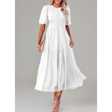 AlvaQ White Puff Sleeve Dress for Women - Summer 2024