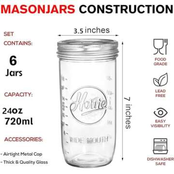 Tebery 6 Pack Wide Mouth Home Glass Mason Jars with Airtight Lids and Bands, 24-Ounce Canning Glass ...