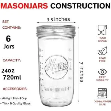 Tebery 6 Pack Wide Mouth Home Glass Mason Jars with Airtight Lids and Bands, 24-Ounce Canning Glass ...