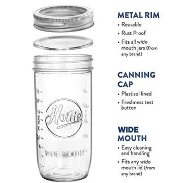 Tebery 6 Pack Wide Mouth Home Glass Mason Jars with Airtight Lids and Bands, 24-Ounce Canning Glass Jars for Canning, Fermenting, Pickling, Meal Prep, Overnight Oats, Jam, Jelly
