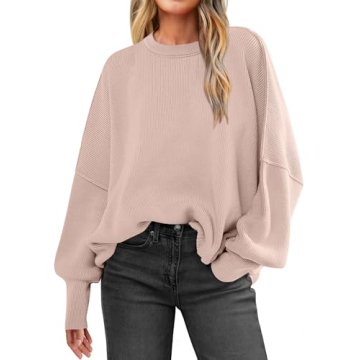 ANRABESS Women Crewneck Batwing Long Sleeve 2024 Fall Oversized Side Slit Ribbed Knit Pullover Sweat...