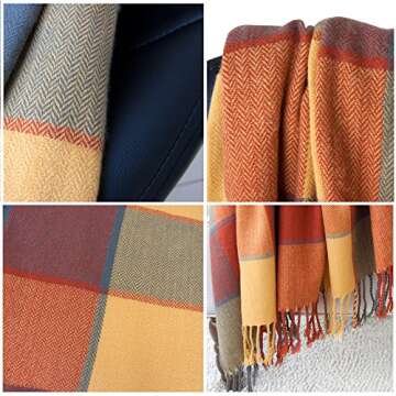 Classic Home Throw Blanket Shawl All Season Acrylic Cozy Soft Reversible Picnic Stadium Camp Blanket Fringe Plaid for Bed/Sofa/Couch,Cashmere-Like 50" W x 67" L (Pumpkin)