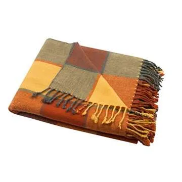 Classic Home Throw Blanket Shawl All Season Acrylic Cozy Soft Reversible Picnic Stadium Camp Blanket Fringe Plaid for Bed/Sofa/Couch,Cashmere-Like 50" W x 67" L (Pumpkin)